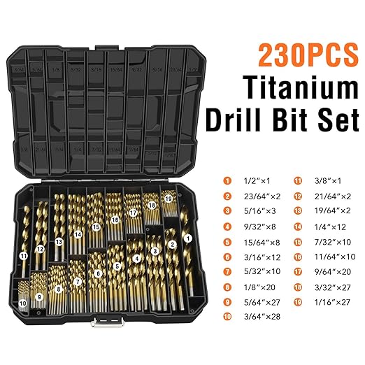 ENERTWIST Titanium Drill Bit Kit Set for Metal and Wood 230-Piece - Anti-Walking 135 Deg Tip Coated HSS from 3/64inch up to 1/2 Inch, ET-DBA-230B