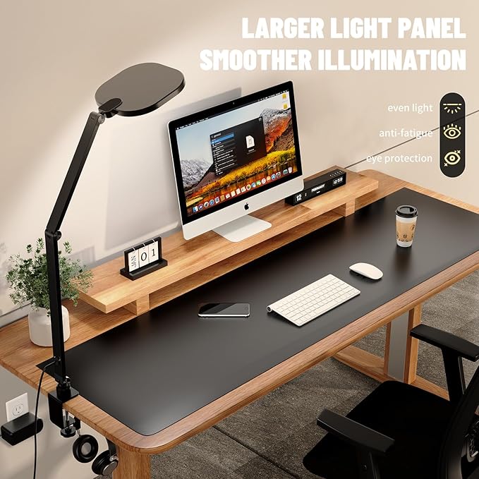 2 Packs Led Desk Lamps for Home Office, 1200LM Dimmable Clamp-on Desktop Light, Adjustable Swing Arm Ring Light with Stand, Memory & Timer Function, Eye-Caring Design