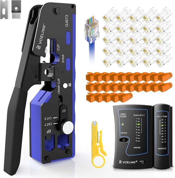 VCELINK Ethernet Crimping Tool Kit 53-in-1 for CAT7/CAT6A/CAT6/CAT5E/CAT5, RJ45 Crimp Tool Set with an Ethernet Crimper, Cable Tester, Wire Stripper,25 RJ45 connectors and strain relief boots-Blue