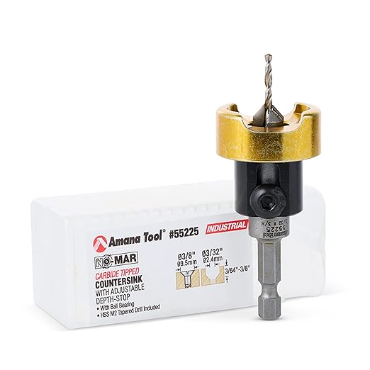 Amana Tool 82 Degree Countersink with Drill Bit Depth Stop and No-Thrust Ball Bearing, 55225, 3/8 D x 3/32 Drill D x 1/4 Inch Quick Release Hex Shank
