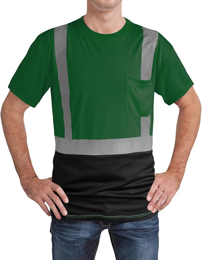 High Visibility Shirts Quick Dry Safety T Shirts with Reflective Strips and Pocket Short Sleeve Mesh Hi Vis Construction Work Class 2 Shirt for Men/Women Black Bottom Green,5XL