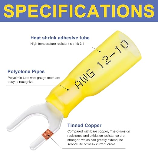 haisstronica 50pcs #10 Yellow Heat Shrink Fork Connectors,12-10 Gauge Insulated Electrical Crimp Wire Terminals