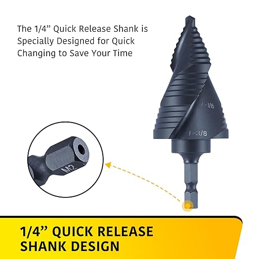 3 Sizes M2 Quick Change Step Drill Bit, 7/8", 1-1/8", 1-3/8" Black Cone Drill Bits for Steel Metal Sheet Hole Drilling Cutting, Multiple Hole Sprial Unibit, Stepped Up Bits Home Tools