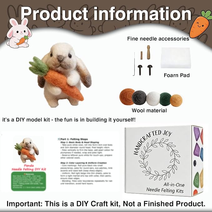 DIY Needle Felting Kit Cute Brown Lop-Eared Bunny Holding Carrot – Needle - Image 3