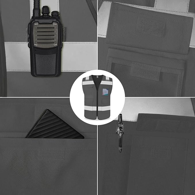 TCCFCCT Construction Vest 5 Pockets Reflective Safety Vest for Men Women, High Visibility Work Vest with Tabs for Walkie-talkie, Durable to Use, Meets ANSI/ISEA, Grey, S