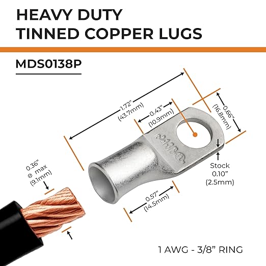 SELTERM 10pcs 1 AWG-3/8 Stud Tinned Copper Wire Lugs, Heavy Duty Battery Cable Ends,1 Gauge Ring Terminals, UL Battery Lugs Marine Grade Copper Eyelets Electrical Battery Terminal Connectors