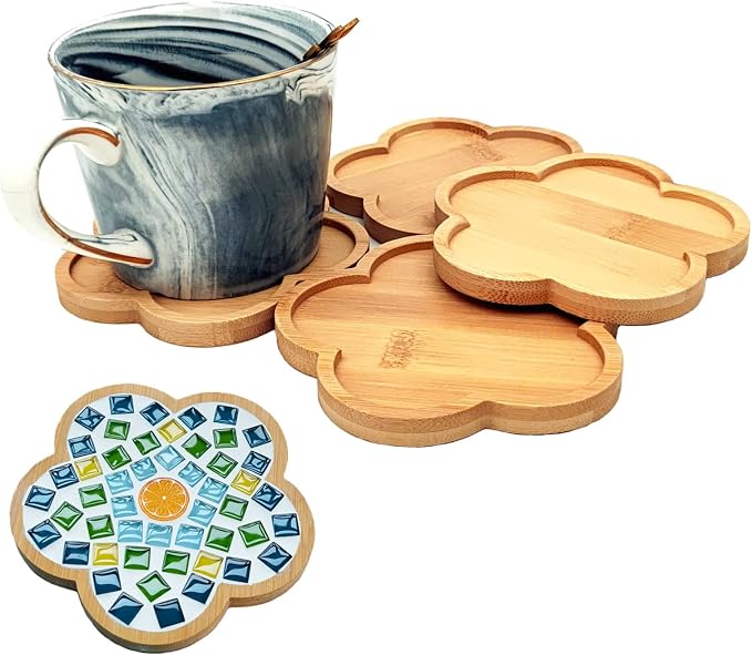 4PCS Mosaic Bamboo Coasters for Crafts, Blank Base Trays, Drinking Cup Coaster by Esweny