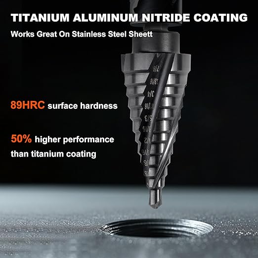 COMOWARE M35 Cobalt Step Drill Bit, 4 Spiral Flute, Step bit with 3/8" Hex Shank, 12 Sizes (3/16" to 7/8"), Steps bits for Metal, Stainless Steel, Aluminum/Wood/Plastic, Unibit for Electricians & DIY