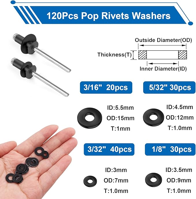 smseace 1001Pcs Pop Rivet Gun Kit Black Pop Rivets, Large Flange Rivets, Washers and Rivets Gun Tool Packed in Portable Toolbox with Color Label for Metal, Furniture, Automotive, Instruments
