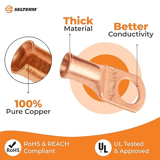 SELTERM 25pcs 4 AWG 3/8" Stud (Wide Pad) Battery Lugs, Ring Terminals, Heavy Duty Copper Wire Lugs, Battery Cable Ends, 4 Guage Ring Terminal Connectors, UL Bare Copper Eyelets Battery Cable Lugs
