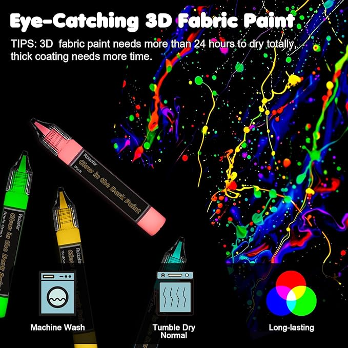 Roizefar Glow in the Dark Paint, 16 Colors 3D Permanent Acrylic Fabric Paints - Image 4
