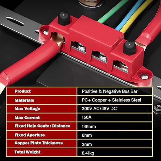 FEITON Power Distribution Block, 12V 150A Bus Bar, 5/16" Studs Terminal Strip, 12-48V Heavy Duty Terminal Block, Positive & Negative Junction Block with Cover, RV Car Marine Automotive Battery Busbar