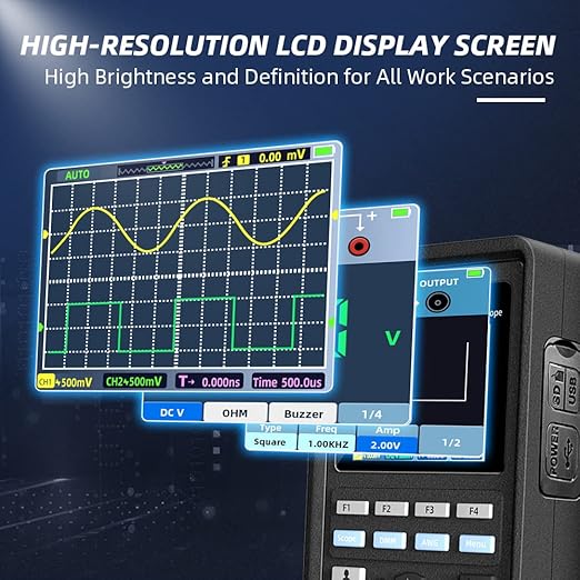 Hantek 3in1 Handheld Oscilloscope, 40MHz 2CH Automatic Digital Oscilloscope, Multimeter, Waveform Generator with LCD Color Screen, Chargeable with Replaceable Lithium Battery, 2CH+AFG+DMM 2D42