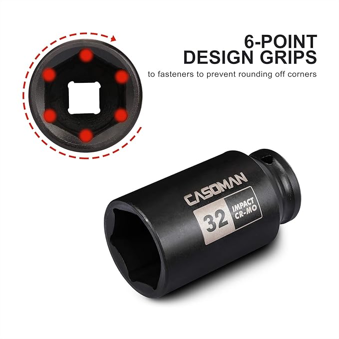 CASOMAN 1/2" Drive x 32 mm Deep 6 PT Impact Socket, CR-MO, 1/2-inch Drive 6 Point Axle Nut Socket for Easy Removal of Axle Shaft Nuts (32MM)