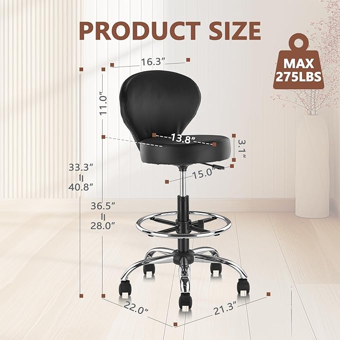 Black PVC Faux Leather Drafting Chair Set of 2 Rolling Swivel Salon Stool with Back Support Foot Rest Adjustable Hydraulic Seat Height for Massage Facial Spa Medical Drafting Tattoo Beauty