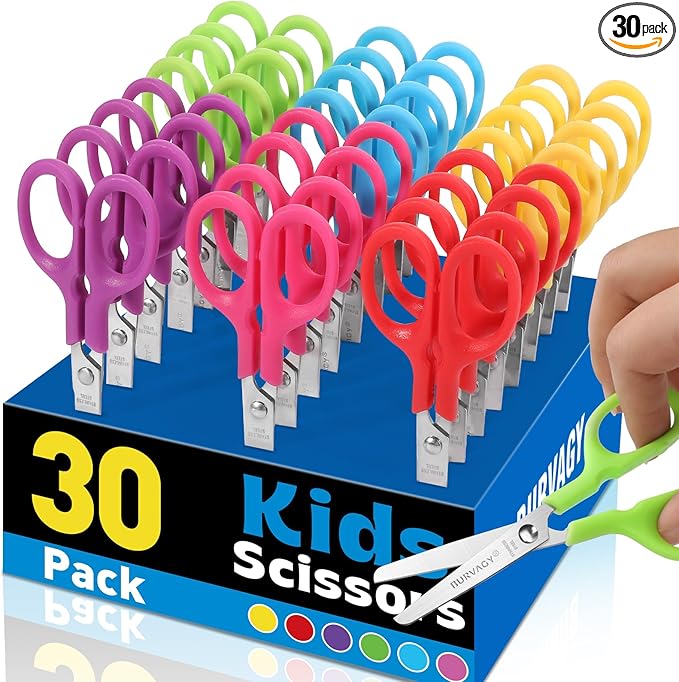 30Pack 5" Small School Student Blunt Kids Craft Scissors, Sharp Stainless Steel Blades Safety Toddler Kid Child Comfort Grip Scissors Bulk for Children Cutting Paper