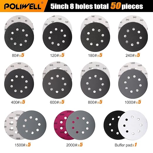 POLIWELL 5 Inch Sanding Discs 8-Hole Hook and Loop Sandpaper Wet Dry Sanding Sheets 80 to 2000 Assortment Grits 50 Pack with 5” Interface Pad for Random Orbital Sander Automotive Wood Metal Plastic