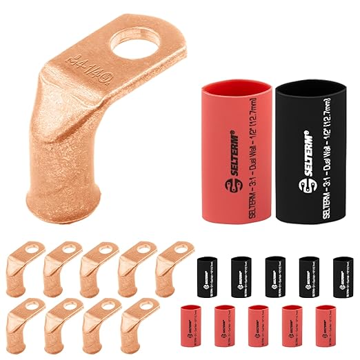 SELTERM 10pcs - 4 AWG 1/4" Stud - 90° Bent Battery Lugs - Ring Terminal Connectors with 12pcs 3:1 Black & Red 1/2" Heat Shrink Tubing - Heavy Duty Battery Cable Ends - Bare Copper Wire Connectors Kit