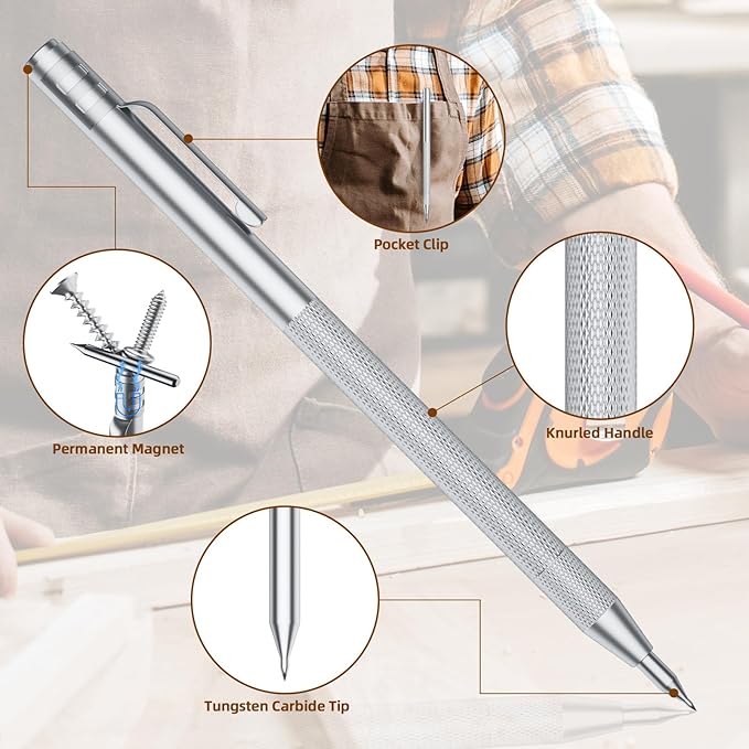 2-Pack Tungsten Carbide Scriber, Metal Scribe Tool with 25 Replacement Marking Tips & Steel Ruler - Knurled Aluminum Handle & Magnet, Engraving Pen for Glass/Ceramics/Metal Sheet (2)