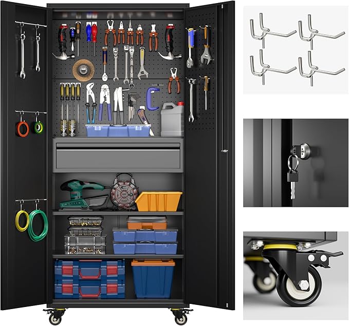 71" H Metal Garage Storage Cabinet with Locking Doors and 2 Adjustable Shelves, Rolling Tool Storage Cabinet with Wheels, Drawer, Pegboard and 16 Hooks for Garage, Warehouse, Black