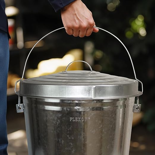 Plexon Metal Trash Can with Locking Lid Outdoor Storage Bucket for Bird Seed Ash Galvanized Steel 10-Gallon 3 Pack