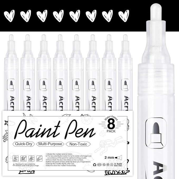 AKARUED White Acrylic Paint Markers, 8 Pack Acrylic White Paint Pen Sets by AKARUED