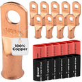 SELTERM 10pcs - 1 Awg - 5/16" Stud - Battery Lugs - Ring Terminal Connectors | with 12pcs 3:1 Black & Red Heat Shrink Tubing with Adhesive | Heavy Duty Battery Cable Ends - Bare Copper Wire Lugs Kit