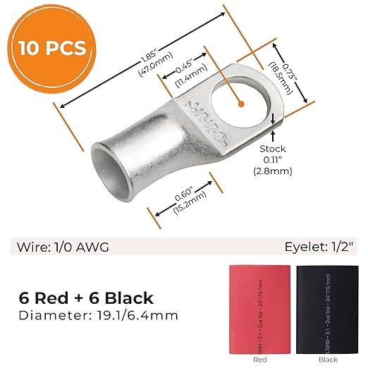 SELTERM 10pcs - 1/0 Awg - 1/2" Stud - Battery Lugs - Ring Terminal Connectors with 12pcs 3:1 Black & Red Heat Shrink Tubing with Adhesive | Heavy Duty Battery Cable Ends - Tinned Copper Wire Lugs Kit