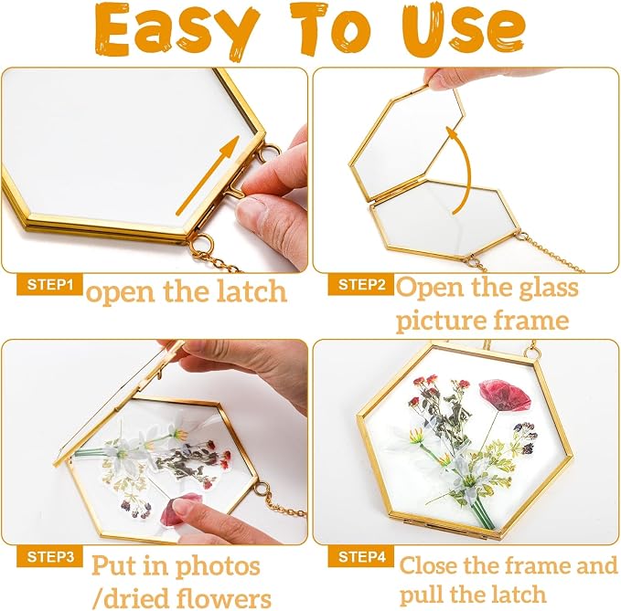 AVLA 3 Pack Pressed Flowers Glass Frames, Brass Hanging Picture Frames - Image 4
