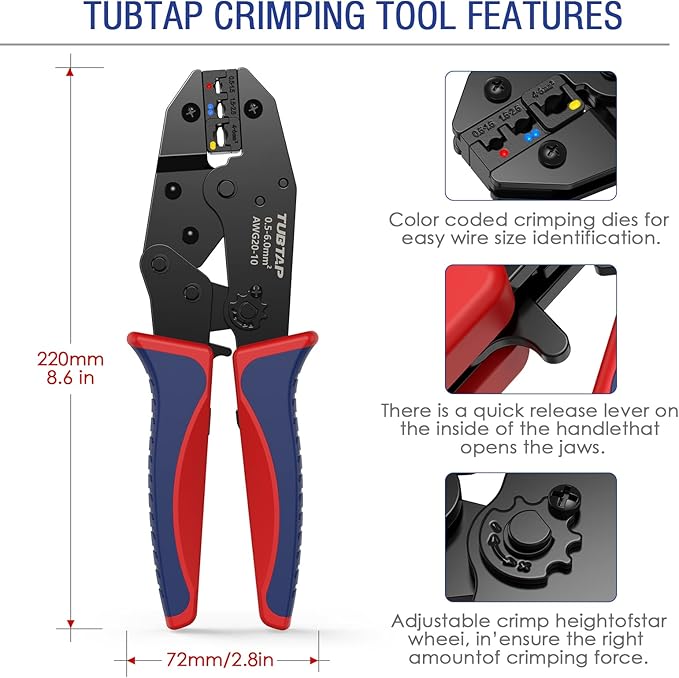 TUBTAP Crimping Tools for Electrical Connectors [AWG 20-10] - Wire Crimpers - Wire Crimping Tool - Ratcheting Wire Crimper for Heat Shrink Wire Connectors and Insulated Nylon Connectors, 0.5-6.0mm²