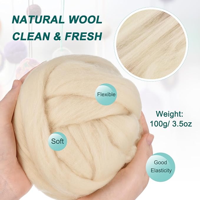 uxcell Needle Felting Wool, 3.5 Oz Nature Fibre Wool Yarn Roving - Image 2