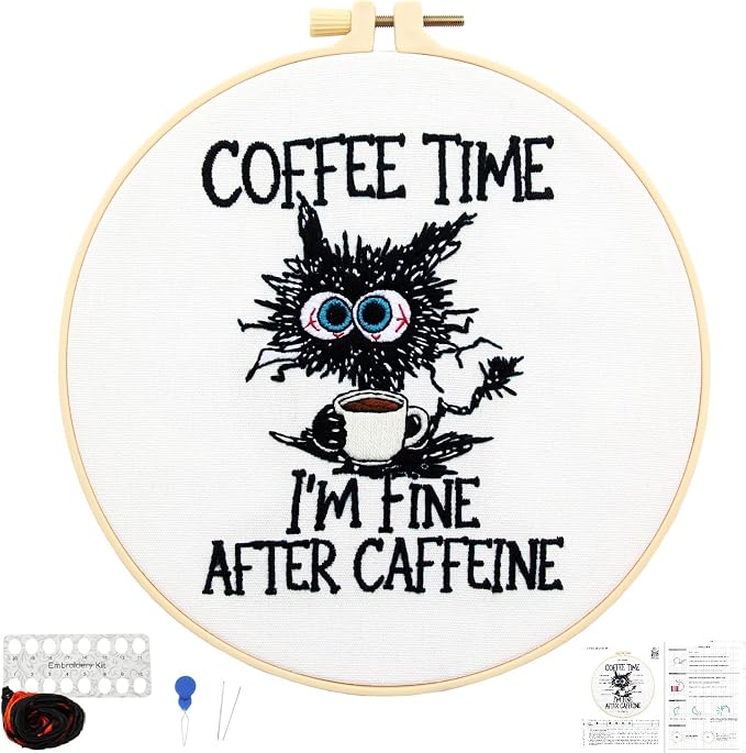 Cute Cat Embroidery Kits for Beginners Adults, Coffee Hand Embroidery Starter by Unknown