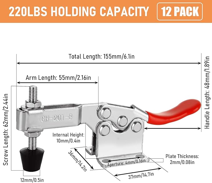 12 Pack 201B Toggle Clamps, Hold Down Clamp 220Lbs Holding Capacity Quick Release Horizontal Clamps with Rubber Pressure Tip for Woodworking Jigs and Fixtures, Welding, Drill Press, Crosscut Sled