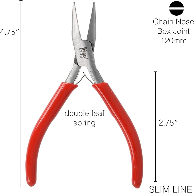 The Beadsmith Slim Line Chain Nose Pliers, 4.75 inches (120mm) with Polished Steel Head, red PVC Comfort Grip Handle with Double-Leaf Spring, Tool for Jewelry Making