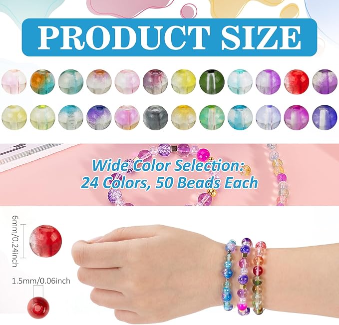 XSEINO 24 Colors 1200PCS Transparent Gradient Glass Beads Kit 6mm DIY Craft - Image 2