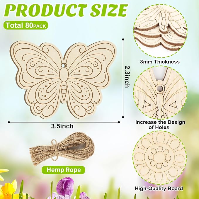 Sophena 80PCS Wooden Spring Ornaments to Paint, 8 Styles DIY Blank Unfinished - Image 7