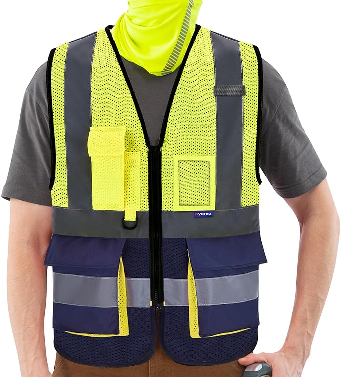 A-SAFETY High Visibility Safety Vest with 4 Reflective Strips 7 Pockets,Yellow&Navy Mesh X-Small
