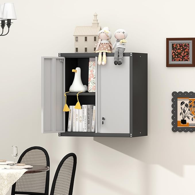 GREATMEET 27.95" H Lockable Storage Cabinet, Metal Garage Storage Cabinets, Wall Storage Cabinet for Utility Room, Black&Grey