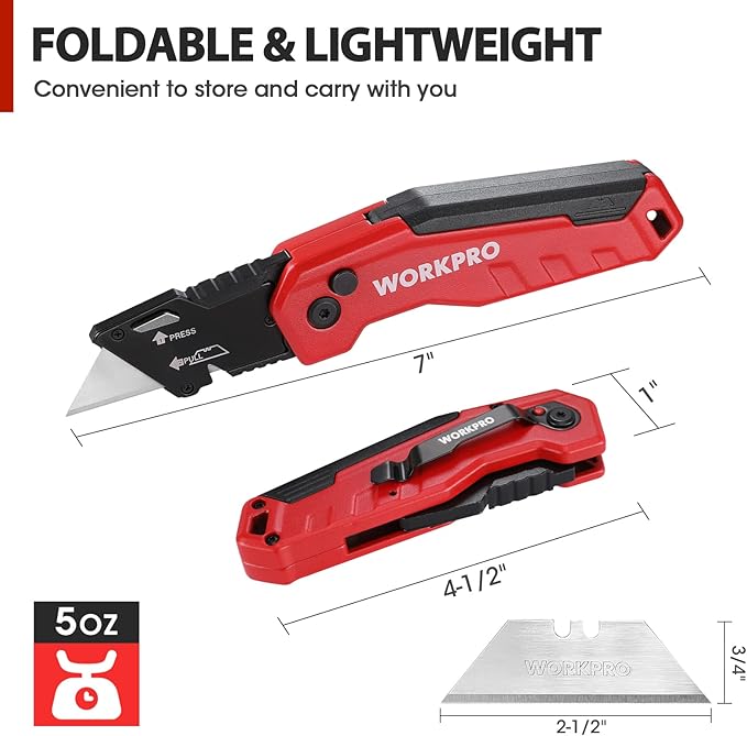 WORKPRO Folding Utility Knife, Quick Change Box Cutter, Razor Knife for Cartons, Cardboard, Boxes, Blade Storage in Aluminum Handle, 13 Extra Blades Included (Red)