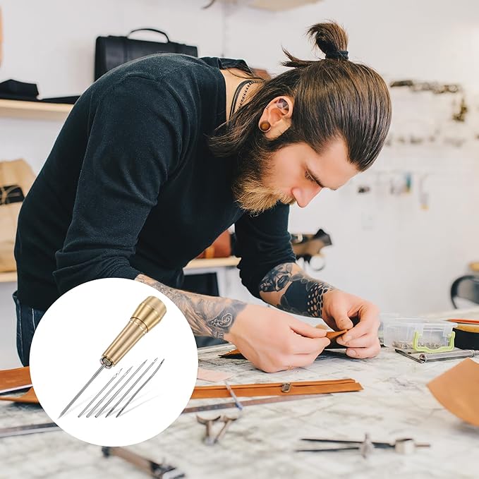 9pcs Canvas Leather Sewing Awl Needle with Copper Handle 45m Nylon Waxed Thread Cord with Thimble Assortment Kit Leather Sewing Tools for Canvas Shoe and Repair