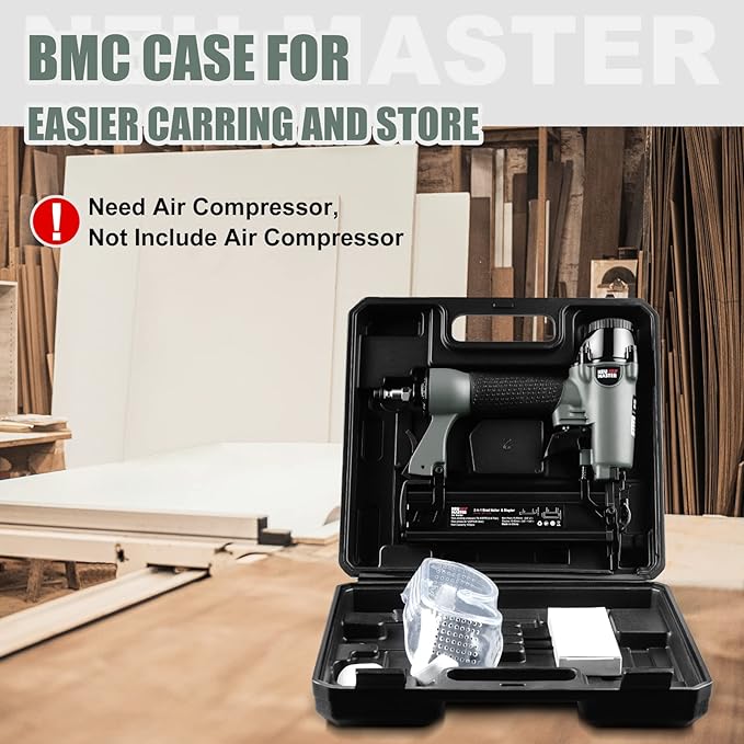 NEU Master Pneumatic Brad Nailer, 2 in 1 Nail Gun Staple Gun Fires 18 Gauge 2 Inch Brad Nails and Crown 1-5/8 inch Staples with Carrying Case and Safety Glasses (Need Air Compressor)