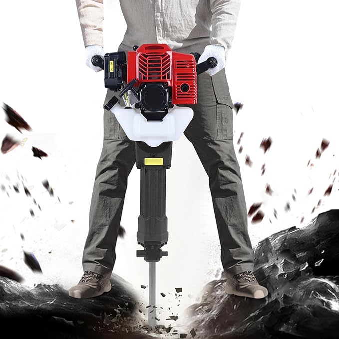 52cc 2 Stroke Handheld Gas Powered Demolition Jack Hammer Concrete Breaker Drill Jack Hammer Air Cooling Breaker Drill with 2 Chisel (One Point and One Flat) Gasoline Concrete Breaker for Building