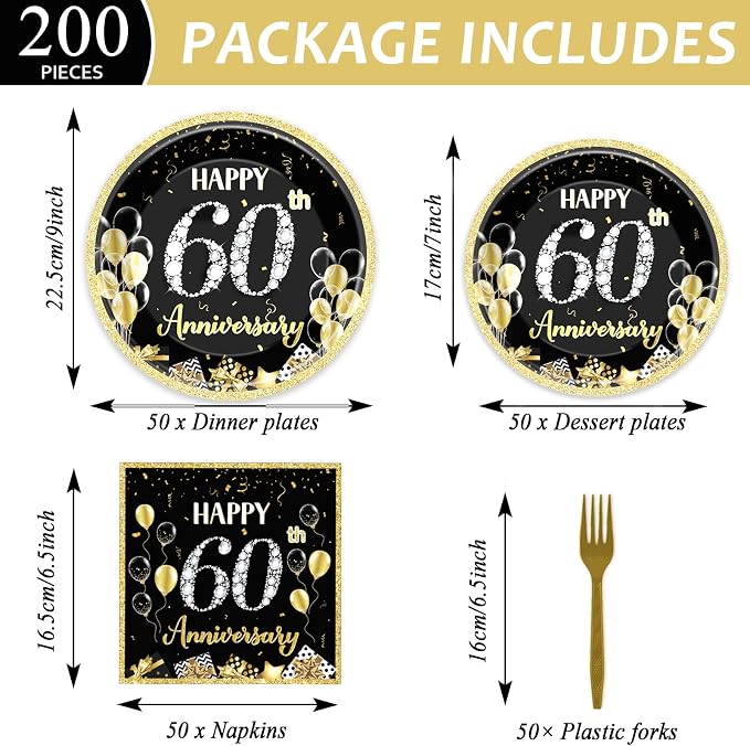 Qyeahkj 50 Guests 60th Anniversary Plates and Napkins Party Supplies 60th - Image 2