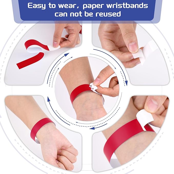 500 Pcs Red Paper Wristbands for Events Waterproof Neon Wrist Bands Adhesive Concert Identification Wristbands Hand Bands for Events (Red)