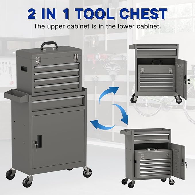 5 Drawer Tools Chest, Tool Cabinet with Universal Lockable Wheels，Tool Box with Detachable Top Box for Workshop (Gray)
