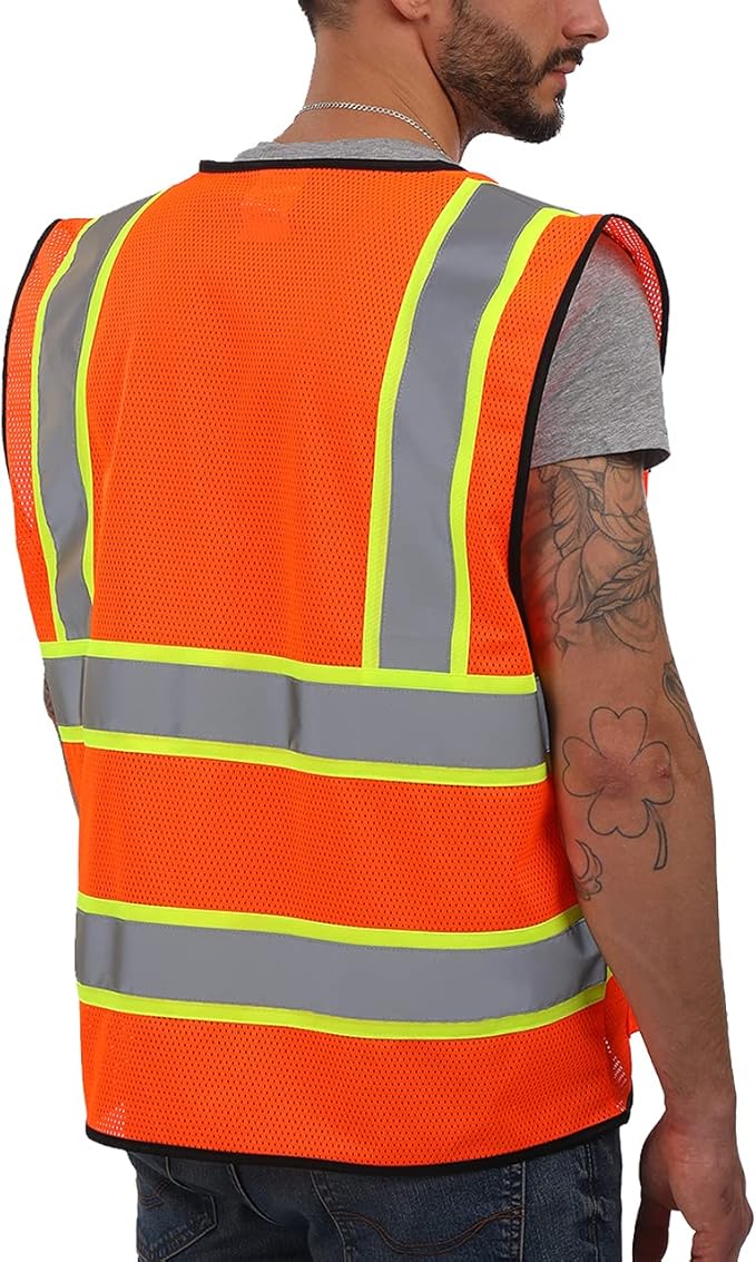 Dib Safety Reflective Mesh Vest High Visibility Two Tone with Pockets and Zipper, ANSI Class 2 Compliant, Orange Mesh with Yellow Trim 2X