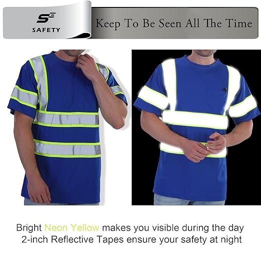sesafety High Visibility Shirts for Mens Class 3 Hi Vis Reflective Construction Shirts for Men with Pocket Safety T Shirts for Men Work Shirt for Mens Short Sleeve Blue Yellow Strips 5XL