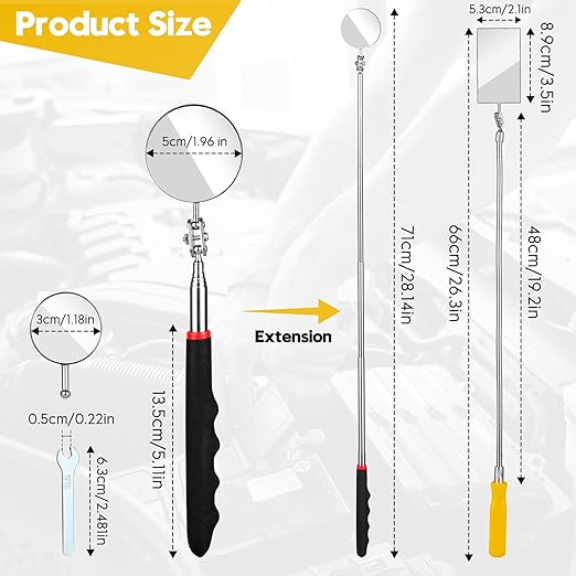 Telescoping Inspection Mirror, Flexible Retractable Automotive Extension Round Mirror 360 Rotation&Bendable Square Mirror, Extendable Mirror on a Stick with 4 Replaceable Mirror & 1 Storage Bag