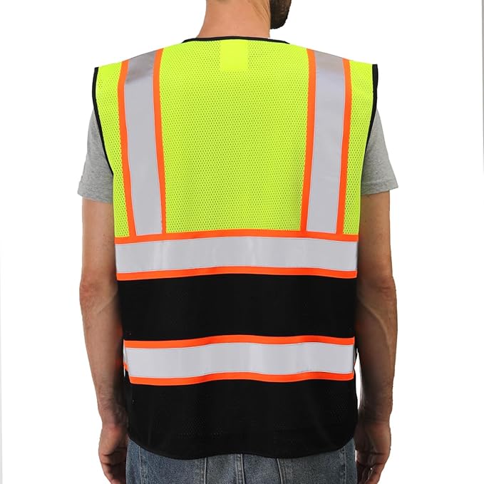 Dib Safety Reflective Mesh Vest High Visibility Two Tone with Pockets and Zipper, Yellow and Black Mesh with Orange Trim S