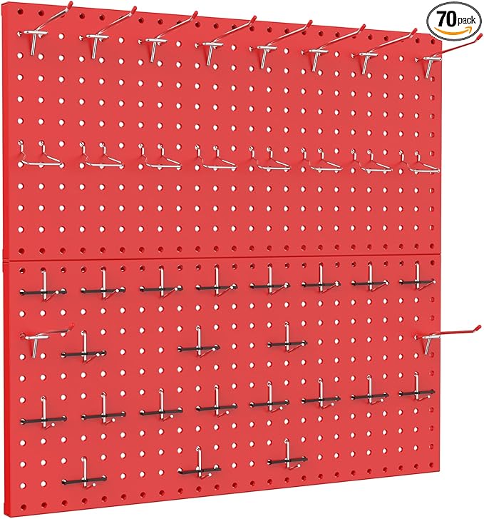 TORACK Metal Pegboard Wall Organizer 24" x 24" or 12" x 48", 70 PCS Tool Storage Pegboard for Garage Tool Organizer Board with Pegboard Hooks for Workbench(Red)